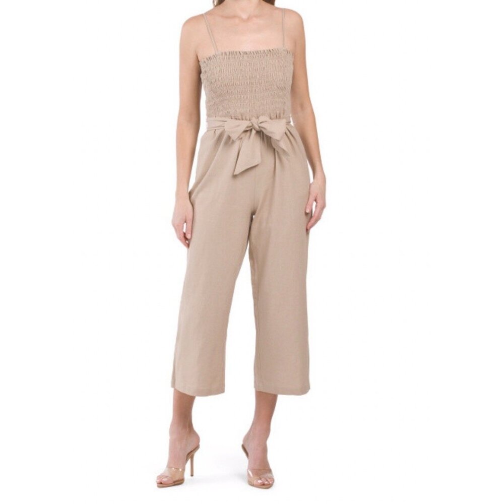House‎ of Harlow Linen Blend Jumpsuit Brown Smocked Sz S Granolagirl Minimalist